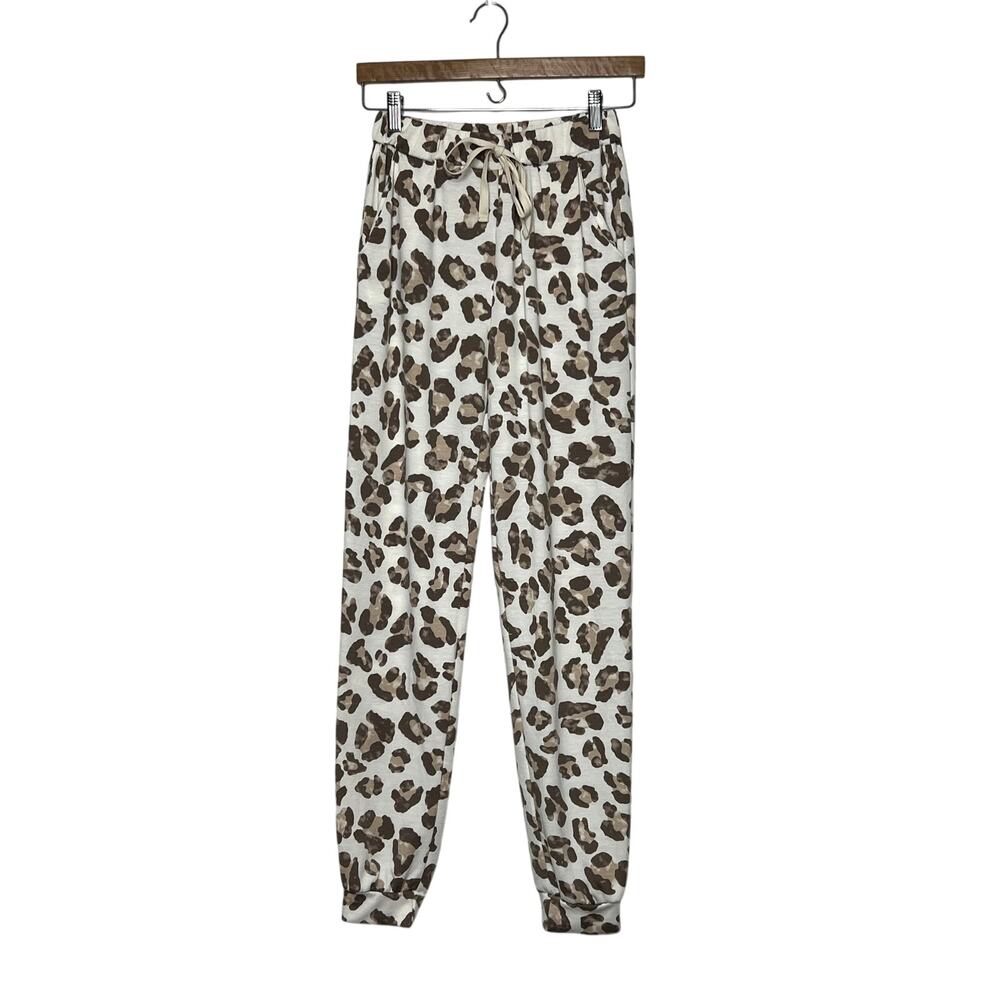 BiBi Leopard Print Jogger Pants Small Beige Brown Lounge Casual Pockets